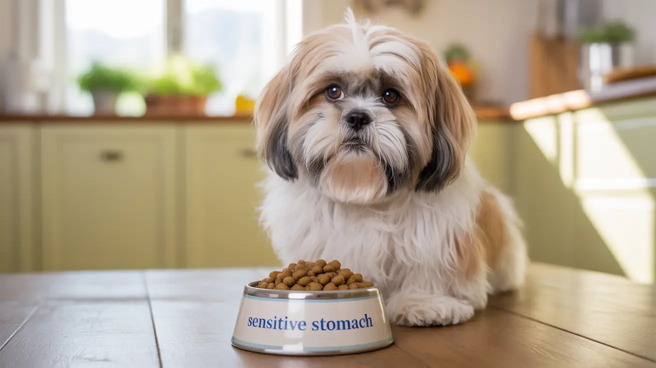  Dog eating from a bowl of dog food designed for sensitive stomachs.