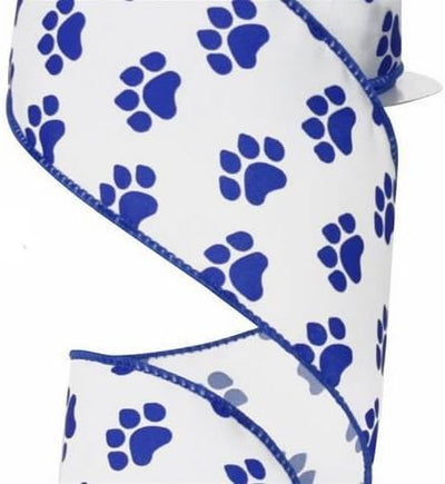 Satin Paw Print Wired Ribbon: Blue White 2.5 Inches x 10 Yards (30 Feet)