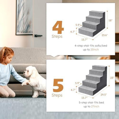 Heeyoo Dog Stairs for Small Dogs,5-Step Dog Steps for High Bed and Couch, High-Density Foam Pet Steps with Supporting Board, Non-Slip Removable Washable Cover, Grey