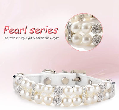 HOWWFALY Dog Cat Pearl Collars with Crystal Rhinestone PU Leather Collars Necklace Adjustable CollarDog Chain Cat White Pearl Pet Collar (White, Medium)