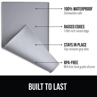 GORILLA GRIP 100% Waterproof Raised Edge BPA Free Silicone Pet Feeding Mat, Dog Cat Food Mats Contain Spills Protects Floors, Placemats for Cats and Dogs Water Bowl, Pets Accessories 18.5x11.5 Gray