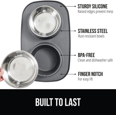 GORILLA GRIP Patent Pending 100% Waterproof BPA Free Cat and Dog Bowls Silicone Feeding Mat Set, Stainless Steel Bowl Slip Resistant Raised Edges, Catch Water, Food, Pet Accessories, 2 Cup, Gray
