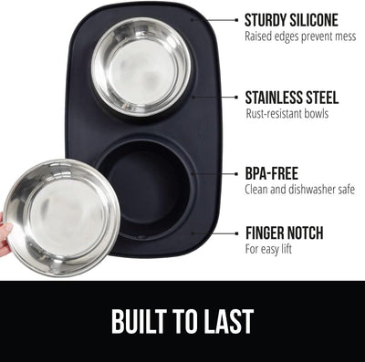 GORILLA GRIP Patent Pending 100% Waterproof BPA Free Cat and Dog Bowls Silicone Feeding Mat Set, Stainless Steel Bowl Slip Resistant Raised Edges, Catch Water, Food, Pet Accessories, 2 Cup, Black