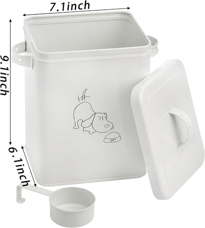 SOUJOY Pet Treat and Food Storage Bin with Lid and Scoop, 6LBS White Vintage Farmhouse Storage Tin, Coated Carbon Steel Canister, Gift for Dogs Owners