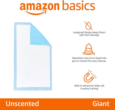 Amazon Basics Leakproof Dog and Puppy Pee Pads with 5-Layer Quick-Dry Surface for Potty Training, Standard Absorbency, Giant, 27.5 x 44 Inch, Pack of 40, Blue & White