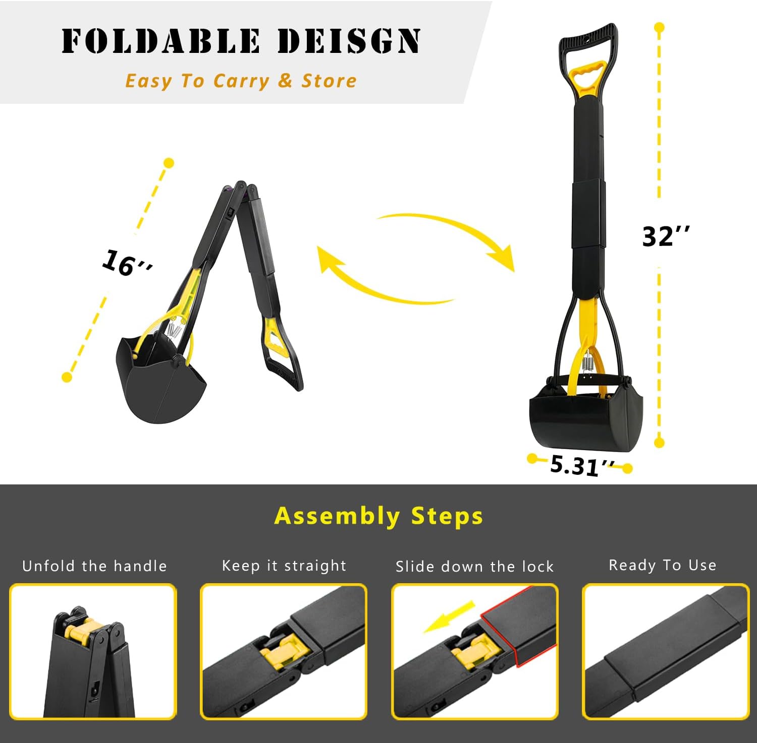 32 inch Long Handle Pooper Scooper for Dogs, Heavy Duty Foldable Dog Poop Picker Upper, One-Handed Operation, No Bending Cleanup Tool for Yard & Lawn, Avoids Touching Dog Poop