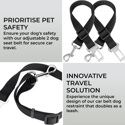H&S Dog Seat Belt for Car Traveling - Adjustable Nylon Seat Belt for Dogs with Steel Buckles - 2pcs - Black Lead Restraint Harness with Attachment Clip for Dog's Safety
