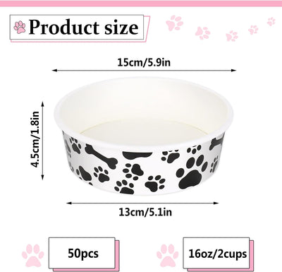Whaline 50Pcs Pets Disposable Feeding Bowls 16 oz 2 Cup Black White Cute Design Paper Dog Bowls Bulk Bone and Paw Pattern Pets Travel Bowl Serving Water Food Tray for Puppy Kitten Small Dogs Cats