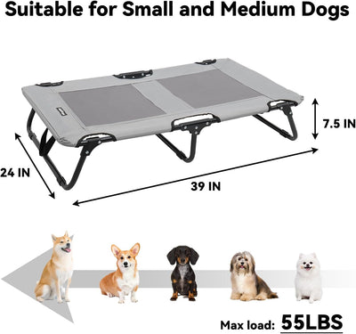 Elevated Dog Cot, Portable Raised Pet Bed with Steel Frame, Dog Cooling Cots for Indoor & Outdoor Use with Breathable Mesh, Support 55 lbs, Gray