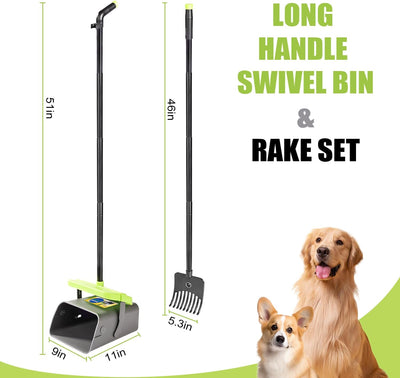 Pooper Scooper Swivel Bin & Rake Kit Set of 2 for Large Medium Small Dogs with 46" Long Metal Handle and 35 Waste Bags, Poop Scooper to Clean Pet Waste Use for Yard, Grass, Dirt or Gravel