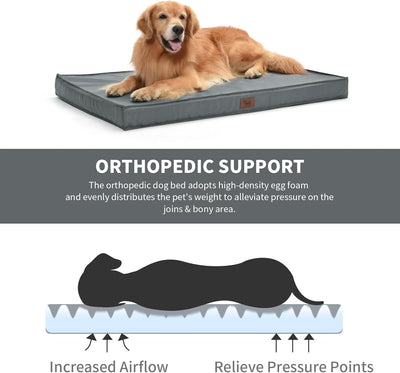 Orthopedic Dog Bed for Large Dogs, Big Waterproof Dog Crate Bed Washable Pet Bed for Large Sized Dogs with Egg Crate Foam Pet Bed Mat, Removable Oxford Cooling Cover, Grey