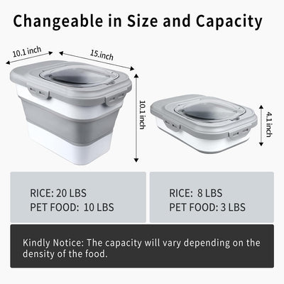 Rice Storage Container, Collapsible Airtight Food Storage Containers 6-20 Lbs, Rice Dispenser with Measuring Cup and Small Bin for Flour Cereal Pasta Grain, Cat Pet Dog Bird Food Container