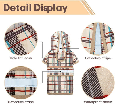 KOOLTAIL Dog Raincoat Hooded Slicker Poncho with Leash Hole, Raincoat for Small Medium Dogs, Waterproof Dog gie Rain Jacket with Reflective Strip, Adjustable Breathable Plaid Puppy Rainwear-Beige