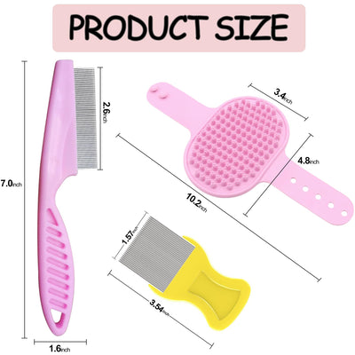 4Pack Pet Grooming Brush Kit, Aoche Dog Bath Brush Flea Comb for Dogs Pet Shampoo Brush Soothing Massage Rubber Comb Flea Lice Comb Cat Tear Stain Comb Dog Brush for Shedding, Pink+Yellow