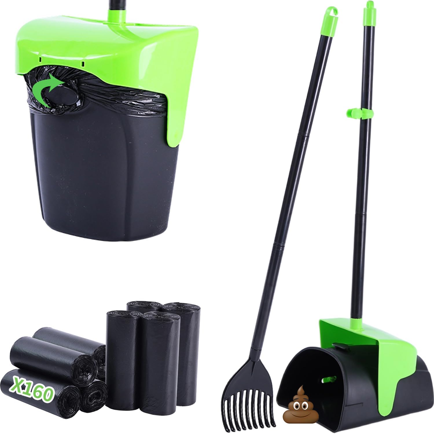 Pooper Scooper Large Swivel Bin & Rake with 160 Waste Bags,Heavy Duty Dog Pooper Scooper with Bag Attachment for Dogs, Long Handle Poop Scooper with Lid for Yard, Grass, Gravel(Green)