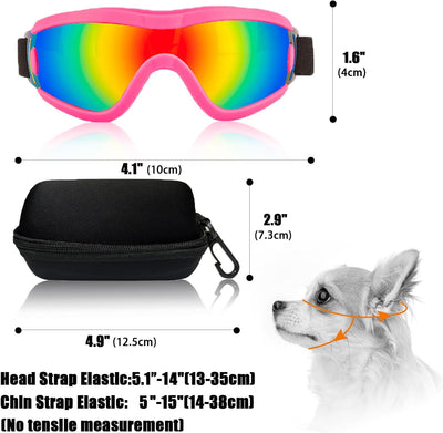 Gafas de sol para perros de raza pequeña con ajustables para protección UV, lentes para perros y cachorros, antivaho y polvo, a prueba de nieve (montura rosa, lentes rojas)