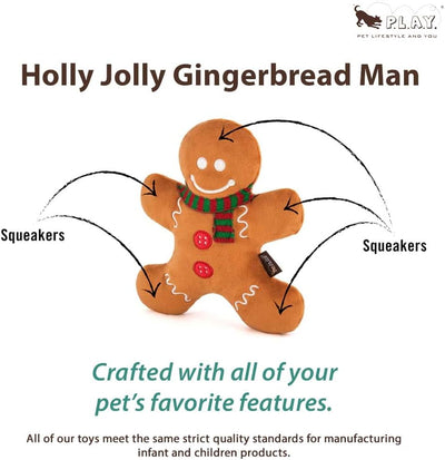 P.L.A.Y. Cute Plush Dog Toy - Holiday Classic Themed Durable Squeaker Chew Toy for Puppies Dogs - Machine Washable, Recycled Materials (Gingerbread Man)