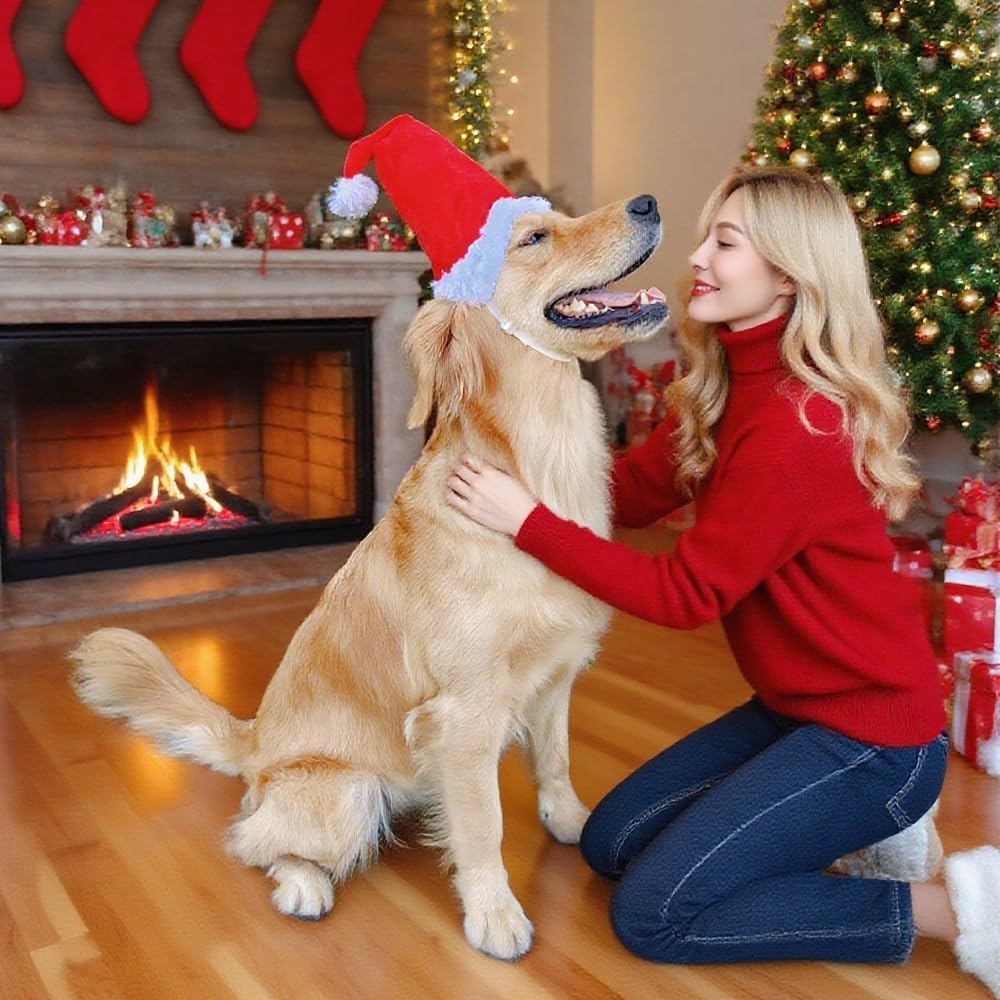 Large Dog Santa Hat with White Pompom,Adjustable XL XXL Pet Dog Christmas Hat Semi-Padded with Elastic Strap,Golden Retriever Great Dane German Shepherd Christmas Costumes (Large)