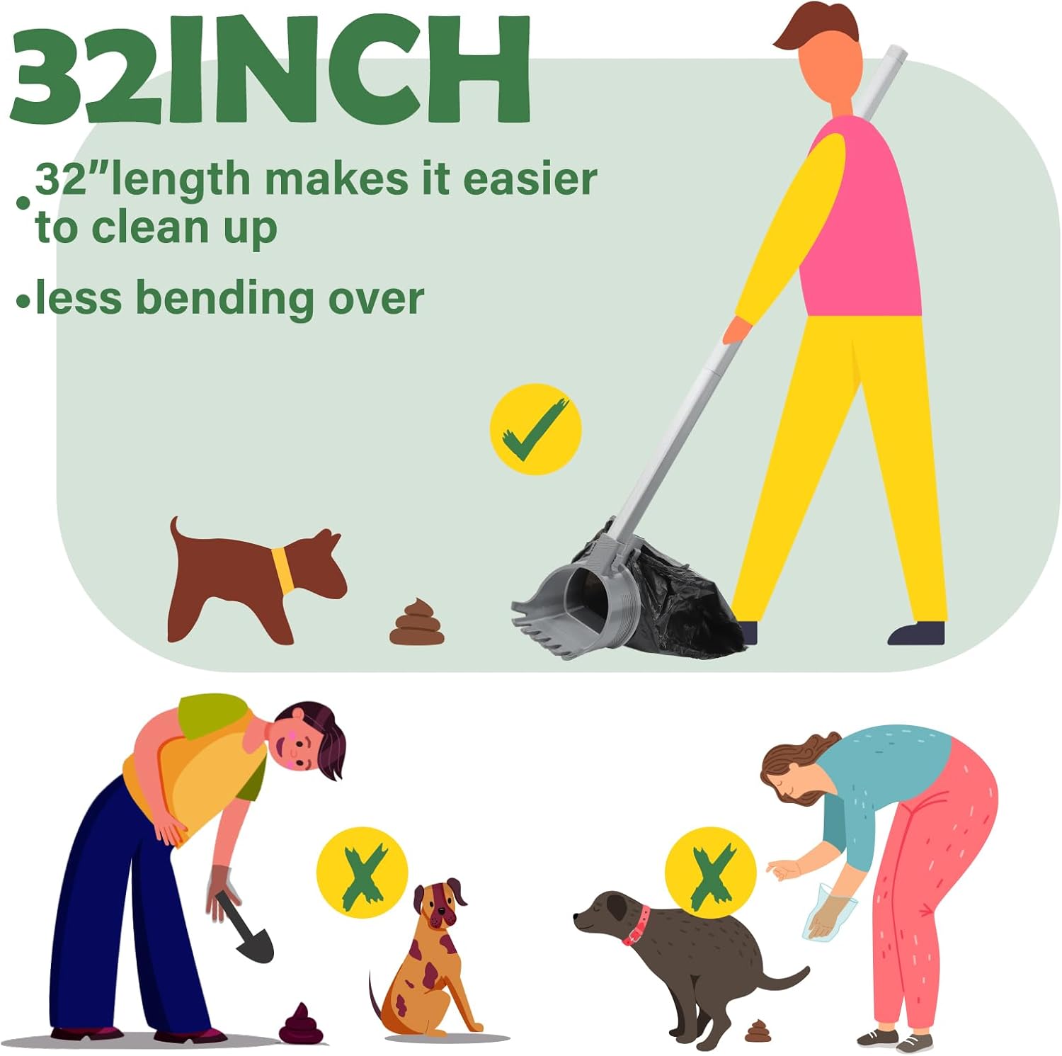 51 Pcs Dog Pooper Scooper with Bag Attachment 30" Pole Small to Large Dogs Heavy Duty Dog Pooper Scooper with 50 Refill Bags Long Handle for Yard Waste Cleanup on Grass Yard One Hand Use