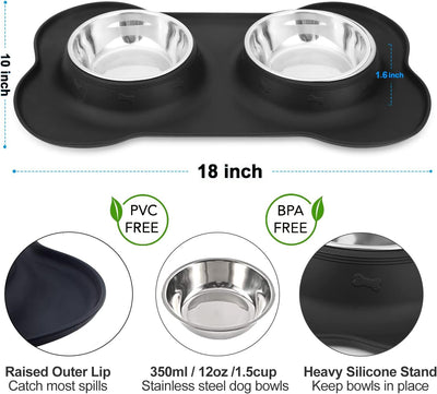 AsFrost Dog Food Bowls Stainless Steel Dog Bowls, Pet Dog Food Water Bowls No-Spill Non-Skid, Feeding Bowls with Dog Bowl Mat Dog Dishes for Small Medium Size Large Dogs Cats Puppy, Black, 240z