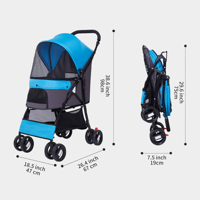 Foldable Jogger Pet Stroller with Weather Cover Storage Basket Pet Travel Carrier for S/M Dogs Cats up to 33lbs (Blue)
