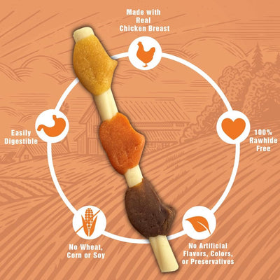 Rawhide Free Triple Flavor Kabobs for Dogs | Real Chicken, Beef and Healthy Sweet Potato | 15 Count