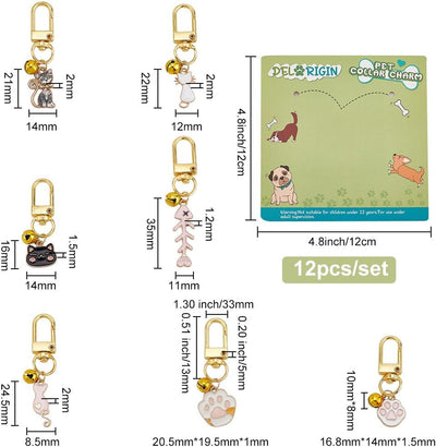 12pcs Cat Dog Collar Bells Charms, Paw Alloy Collar Charm Bells for Cat Dog Rabbit Necklace DIY Keyring Pendants Bag Decor