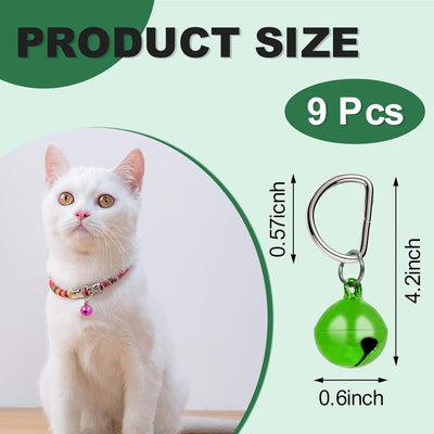 9 Pcs Dog & Cat Bells Charm Bells, D-Ring (0.57 Inch) Shiny Cat Bells, Small Bell for Dog Collar, No Burrs, Safe & Durable, Anti-Lost Bell for Dogs & Cats
