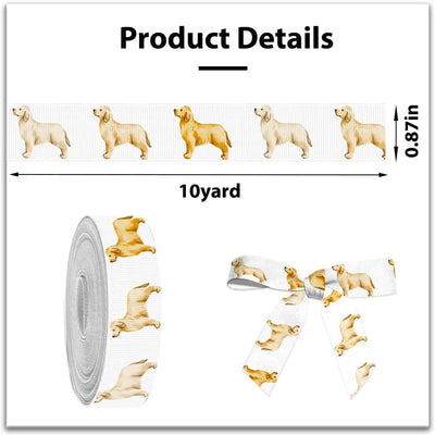 10 Yards Golden Retriever Dogs Ribbon for Crafting Sewing, 7/8 Inch White Grosgrain Ribbons for Gift Wrapping, Pet Puppy Ribbons for Hair Bow Cheerleader Accessories