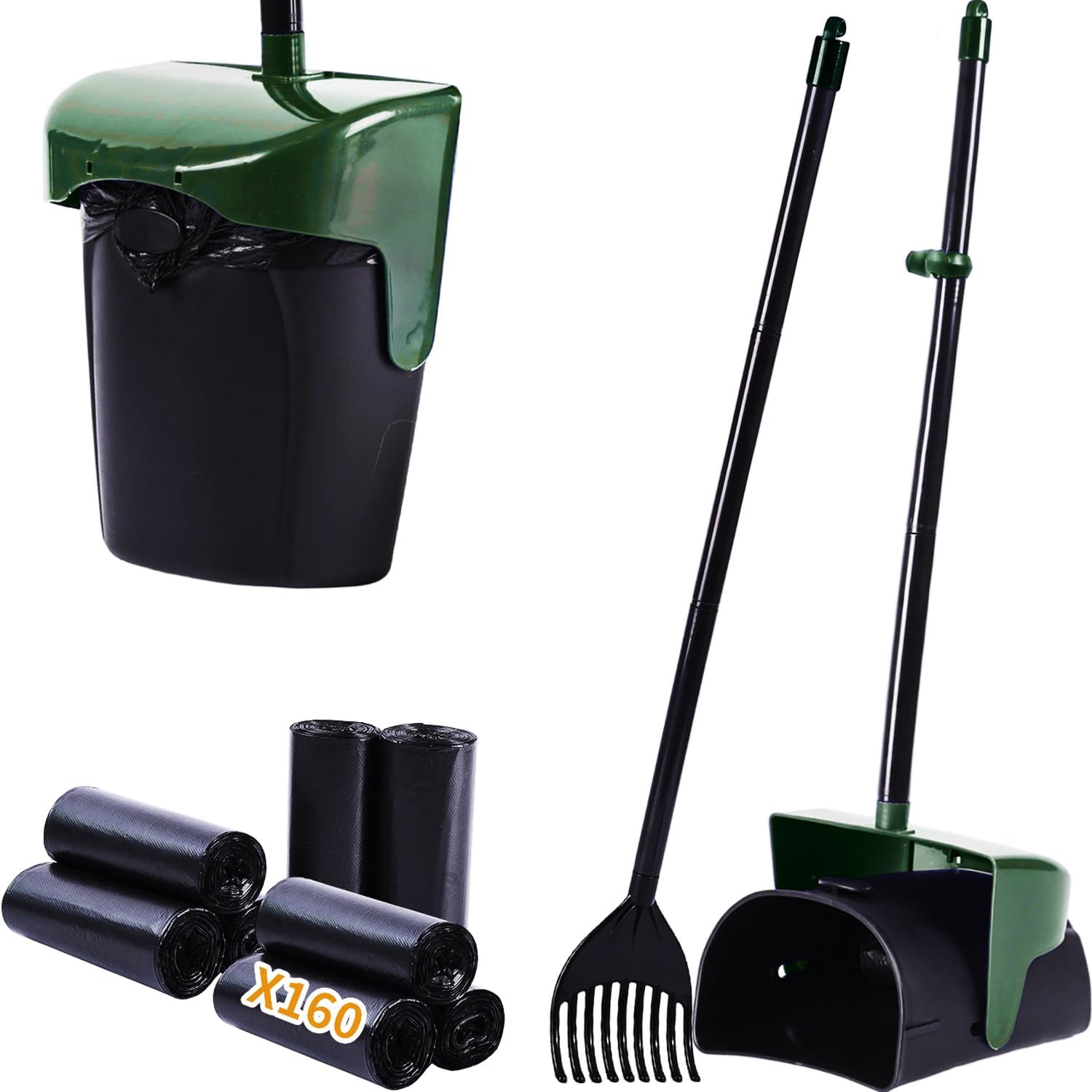 Pooper Scooper Large Swivel Bin & Rake with 160 Waste Bags,Heavy Duty Dog Pooper Scooper with Bag Attachment for Dogs, Long Handle Poop Scooper with Lid for Yard, Grass, Gravel(Green)