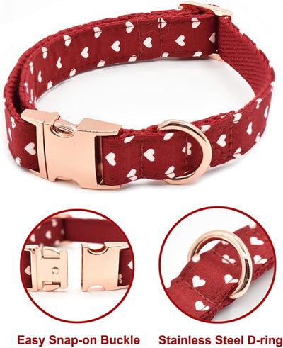 Bubblepup Dog Collar and Leash Set, Comfortable Adjustable Collars for Small Medium Large Dogs, Red Hearts Pattern