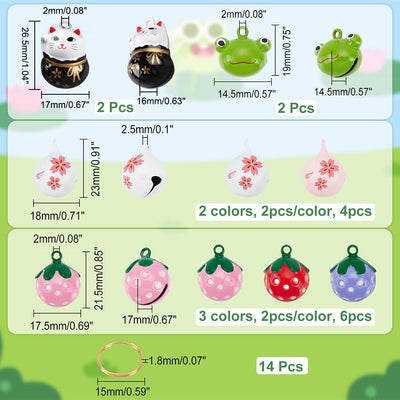 CHGCRAFT 14Pcs 7 Styles Pet Collar Bells Brass Cherry Panda Frog Strawberry Charm Cat Collar Bell Pet Pendant Accessories with Stainless Steel Double Loops Jump Rings for Potty Training