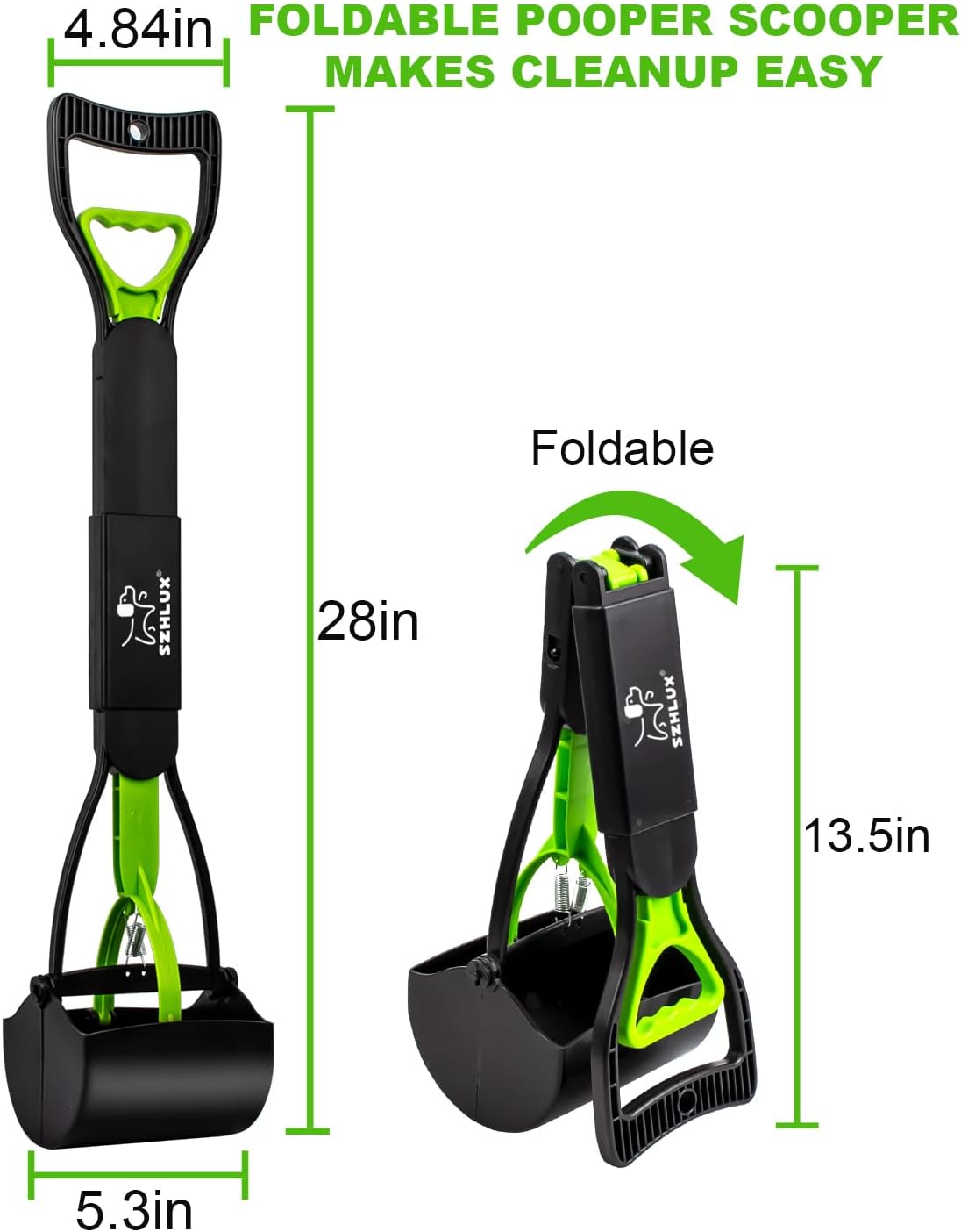 SZHLUX 28" Pooper Scooper, Foldable Dog Pooper Scooper with Unbreakable Material and Durable Spring for Grass and Gravel, Green
