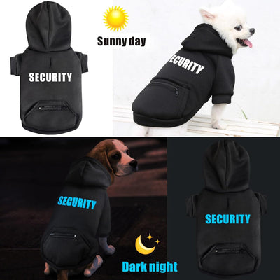 Dog Hoodie Security Glow-in-The-Dark Dog Sweater Sweatshirt Hooded Soft Brushed Fleece Clothes with Dual Pocket Zip Puppy Hoodie for Small Medium Large Dogs Cats, Black XS