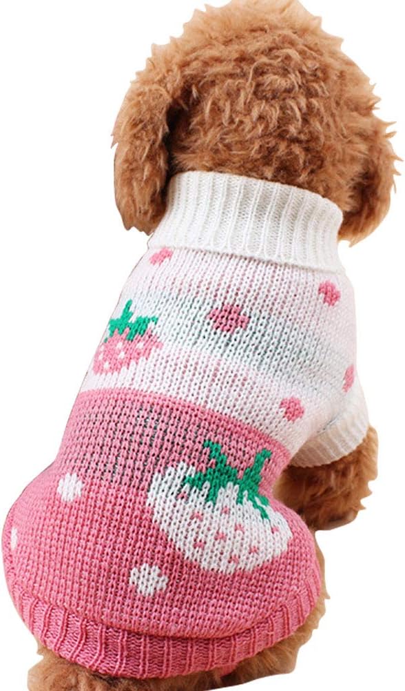 CHBORCHICEN Pet Dog Sweaters Classic Knitwear Turtleneck Winter Warm Puppy Clothing Cute Strawberry and Heart Doggie Sweater (Pink, Medium)