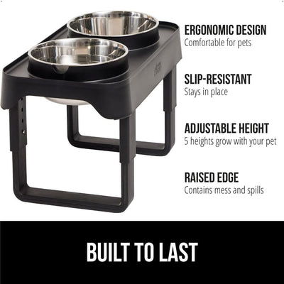 GORILLA GRIP Elevated Dog Bowls Stand, 6 Cup Stainless Steel Food Bowl Set of 2, 5 Height Adjustable Raised Feeding Station for Small Breed Puppy Dogs and Cats, Medium, Large Sized Pets Feeder, Black