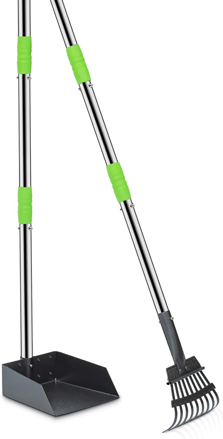 Niubya Pooper Scooper for Dogs, Metal Poop Scooper Tray and Rake Set with Adjustable Long Handle, Dog Pooper Scooper for Pet Waste Removal