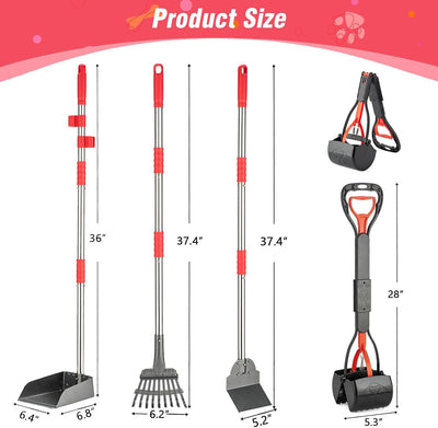 Dog Pooper Scooper, Long Handle Pooper Scooper Set with Heavy Duty Stainless Steel Rake, Tray & Spade and 28" Foldable Claw Design Poop Scoop for Pet Waste Removal on Grass, Gravel
