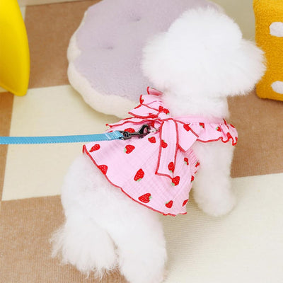 Dog Dresses for Small Dogs, 100% Cotton Girl Clothes With Leash Ring & Bow Decor, Cute Strawberry Print, Summer Cat Dresses for Cats Only (Pink, Medium)