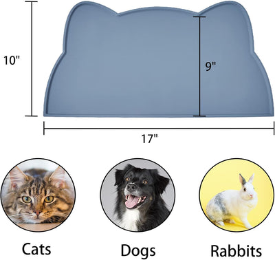 Cat Food Mat, Silicone Pet Feeding Mat for Floor Non-Slip Waterproof Dog Water Bowl Tray Cushion (17" x 10", Stone Blue)