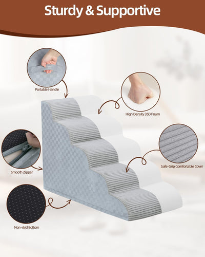 Dog Stairs Ramp for Couch 15.7" H, 3-Step Pet Stairs for Small Dogs with High Density Foam, Dog Slope Stairs with Durable Non-Slip Bottom for Puppy Grey