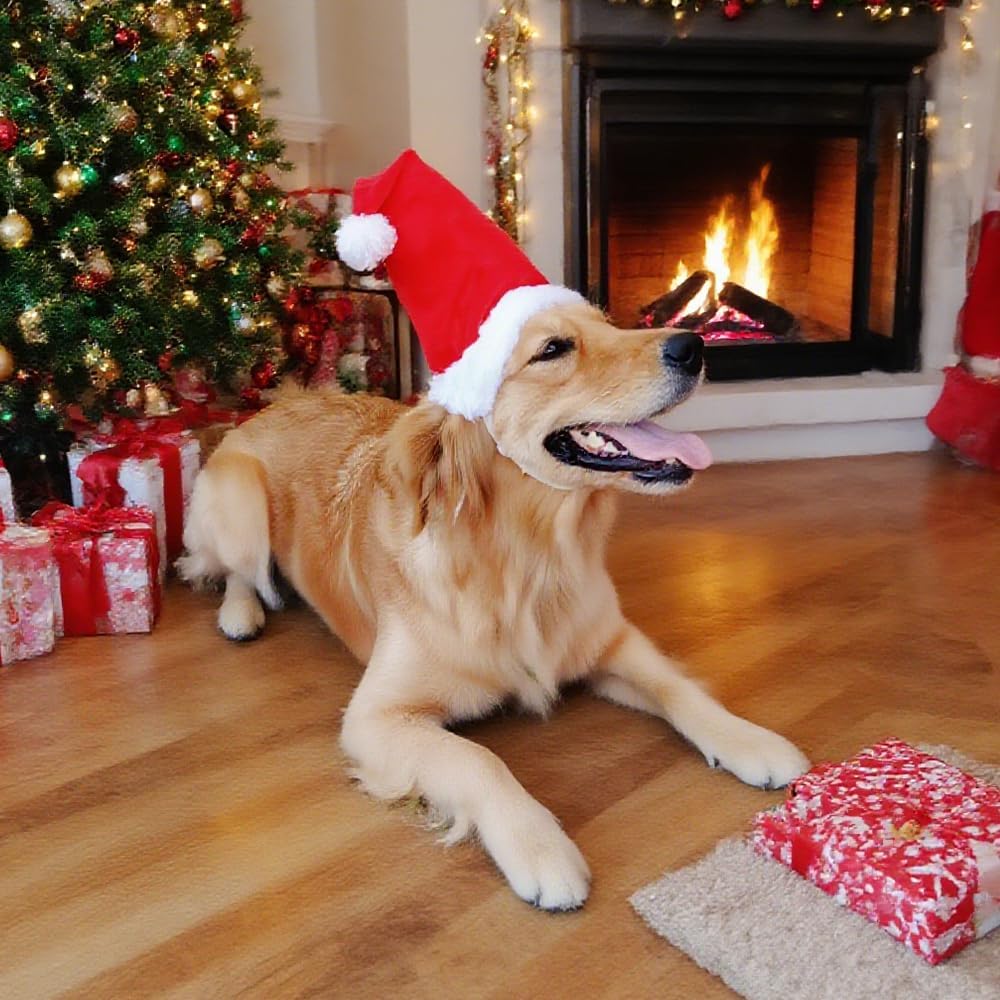 Large Dog Santa Hat with White Pompom,Adjustable XL XXL Pet Dog Christmas Hat Semi-Padded with Elastic Strap,Golden Retriever Great Dane German Shepherd Christmas Costumes (Large)