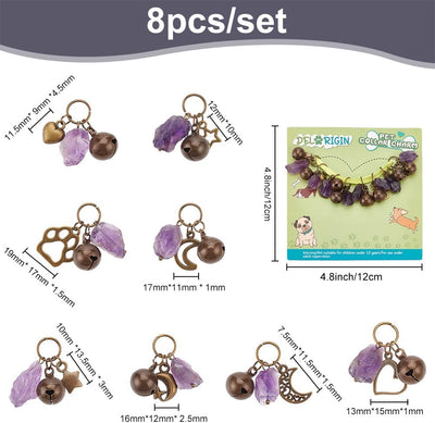 8pcs Natural Amethyst Pet Collar Charms Moon Star Heart Pet Collar Bells Crystal Jewelry Bell Charms with Alloy Pendants for Cat Dog Rabbit Necklace DIY Keyring Pendants Bag Decor