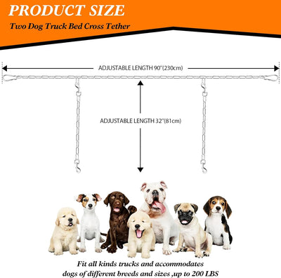 Chain Truck Bed Dog Tether for Two Dogs,Adjustable Double Safety Chew Proof Metal Truck Bed Dog Leash System for Pickup, SUV, Cars & Trucks (Silver)