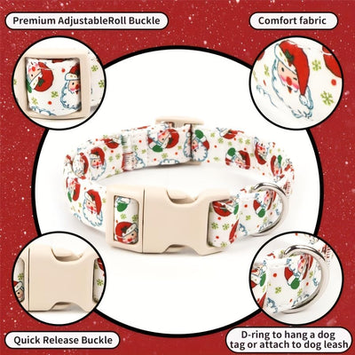 Christmas Dog Collar and Leash Set, Adjustable Holiday Pet Collar with Santa Claus & Reindeer Pattern, Durable Polyester, Comfortable and Secure Pet Accessories for Small Medium Large Dogs