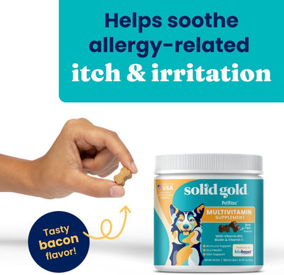 Solid Gold Dog Multivitamin - Soft Dog Vitamins & Supplements Chews - All-in-One Heart, Immune, Brain, Skin, Coat & Gut Health Support w/Vitamin C, B12, Probiotics & Antioxidants - Bacon Flavor 120ct