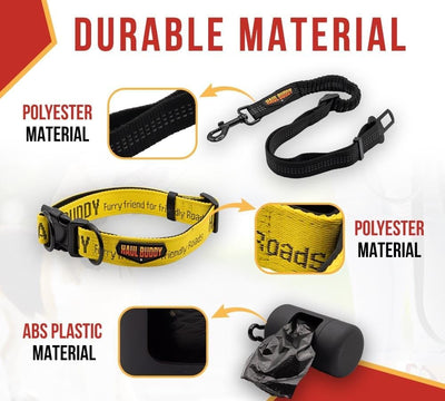 Mytee Products Small Breed Adjustable Dog Collar, Nylon Car Seat Belt Harness, and Poop Bag Holder Set for Male Female Dogs - Neoprene Padded Collar, Leak-Proof Waste Bag Dispenser