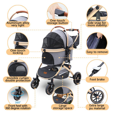 Dog stroller with 4 Wheels, Folding Cat Stroller for Small/Medium/Large dogs & cats to 60 lbs, pet stroller with removable carrier, Storage BasketCup Holder,3 in1 Multifunctional Detachable