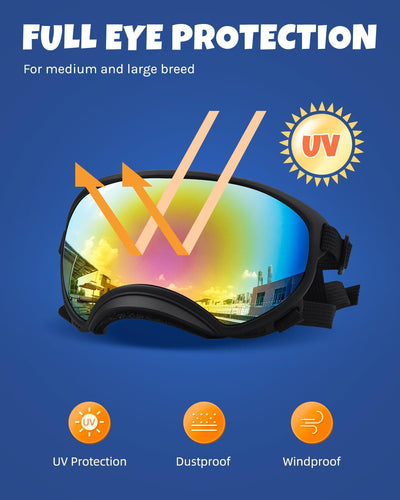Gafas de sol grandes para perros, gafas para perros de raza grande y mediana, protección UV, resistente al viento, al polvo y a la nieve. Lente inastillable, correa ajustable