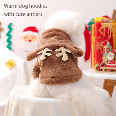 Reindeer Dog Costume Christmas Small Dog Hoodies with Antlers and Plush Ears Fleece Puppy Sweatshirt Winter Cat Clothes Cold Weather Coat Pet Santa Outfit (Brown, Medium)